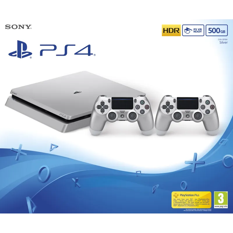 PS4 Slim 500 GB PlayStation 4 console, silver, plus 2 silver DualShock V2 - The Shop Gamer