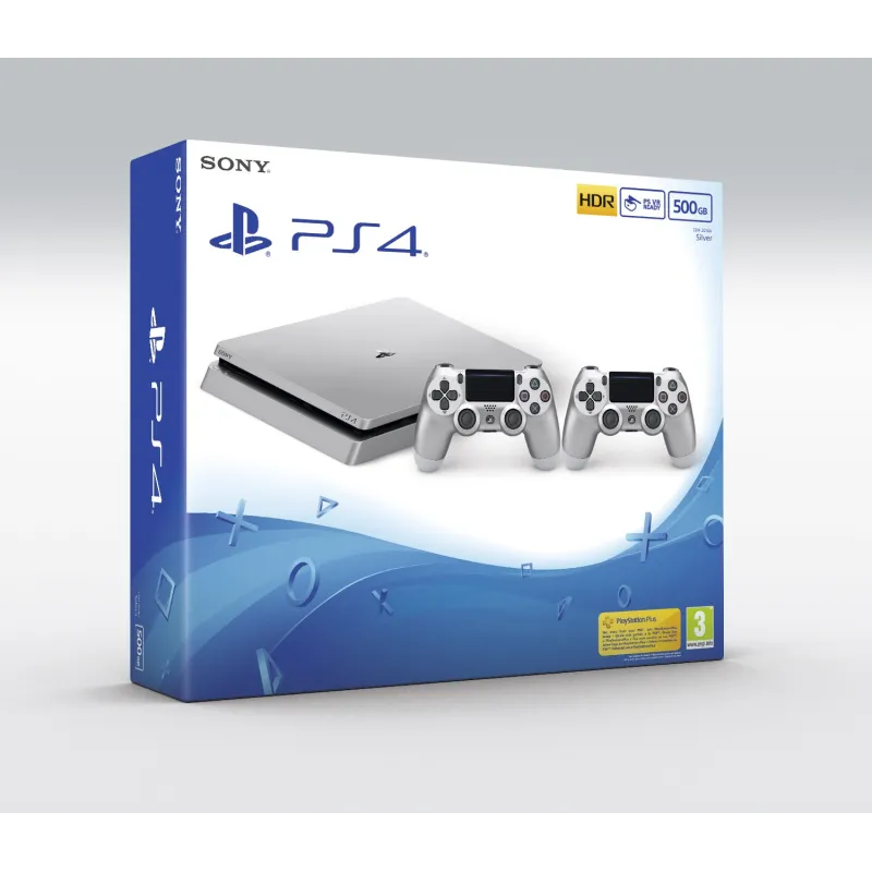 PS4 Slim 500 GB PlayStation 4 console, silver, plus 2 silver DualShock V2 - The Shop Gamer