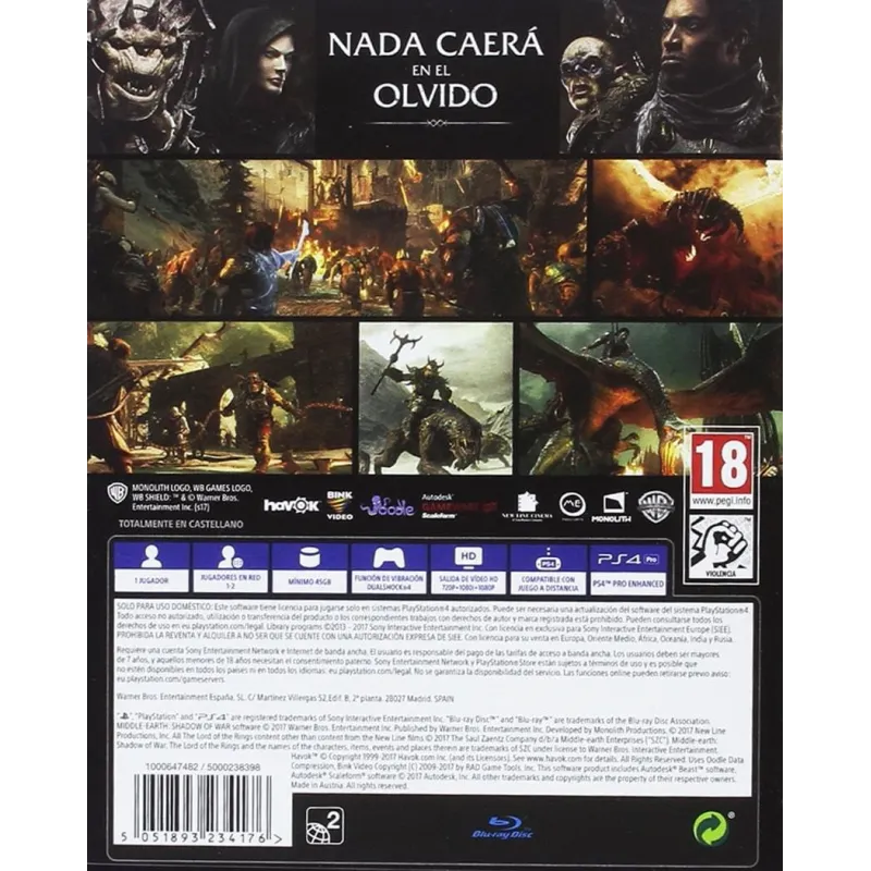 LA TIERRA MEDIA SOMBRAS DE GUERRA PS4 VIDEOJUEGO FÍSICO PLAYSTATION 4
