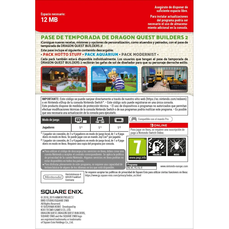 DRAGON QUEST BUILDERS 2 PASE DE TEMPORADA NINTENDO SWITCH CÓD. DESCARGA DIGITAL