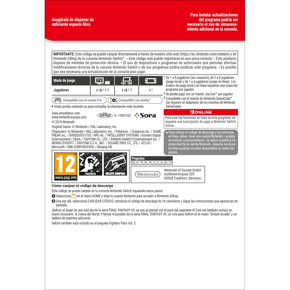 SUPER SMASH BROS ULTIMATE PACK DE ASPIRANTE 8 SEFIROT DE FFVII CONTENIDO DIGITAL