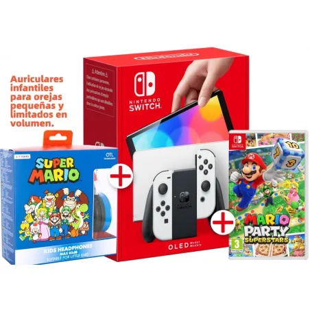 CONSOLE NINTENDO SWITCH OLED BLANCHE + MARIO PARTY SUPERSTARS JEU PHYSIQUE + ÉCOUTEURS POUR ENFANTS SUPER MARIO - The Shop Gamer