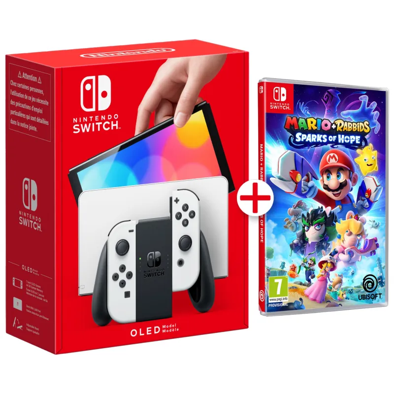 WHITE NINTENDO SWITCH OLED CONSOLE + MARIO RABBIDS SPARKS OF HOPE PHYSICAL GAME - The Shop Gamer