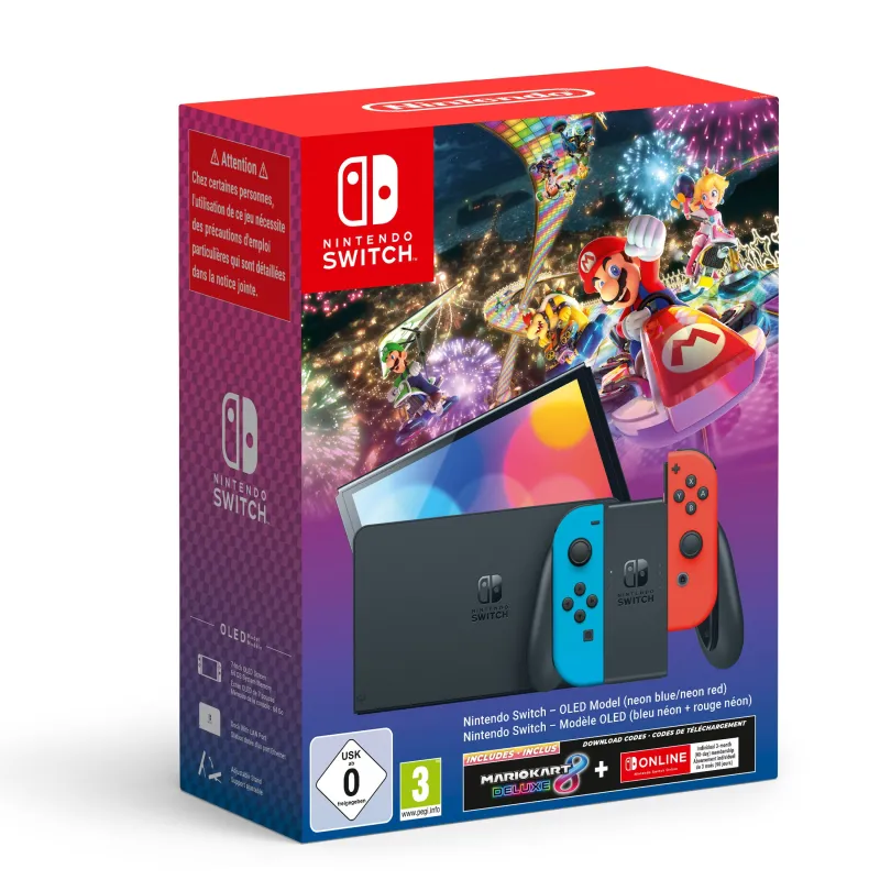 CONSOLE NINTENDO SWITCH OLED BLEU ET ROUGE NÉON + JEU COMPLET À TÉLÉCHARGER MARIO KART 8 + 3 MOIS NINTENDO SWITCH ONLINE - The S