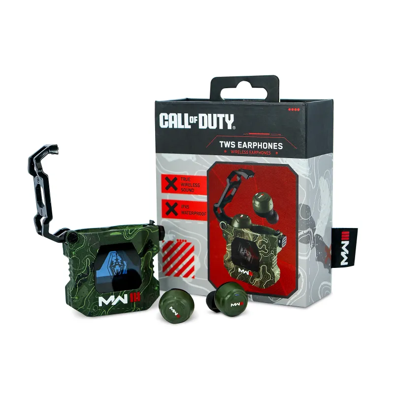 AURICULARES INALÁMBRICOS CALL OF DUTY MW3 CON ESTUCHE DE CARGA EARPODS COLOR CAMUFLAJE VERDE OLIVA