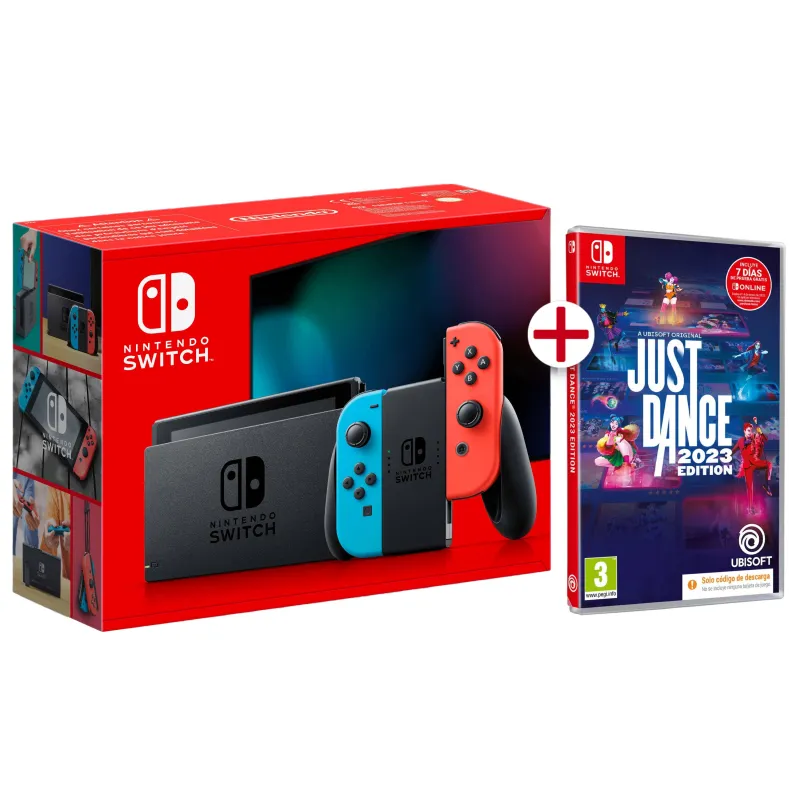 NINTENDO SWITCH CONSOLE WITH NEON CONTROLLERS, BOXED JUST DANCE 2023 GAME WITH DOWNLOAD CODE, SPANISH VERSION - The Shop Gamer