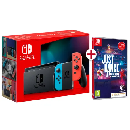 NINTENDO SWITCH CONSOLE WITH NEON CONTROLLERS, BOXED JUST DANCE 2023 GAME WITH DOWNLOAD CODE, SPANISH VERSION - The Shop Gamer