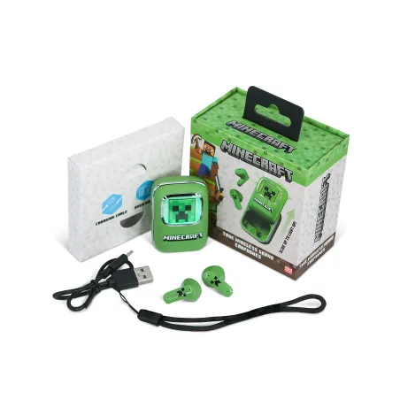 ÉCOUTEURS SANS FIL MINECRAFT AVEC BOÎTIER DE CHARGE COULISSANT ET LUMIÈRE LED - The Shop Gamer
