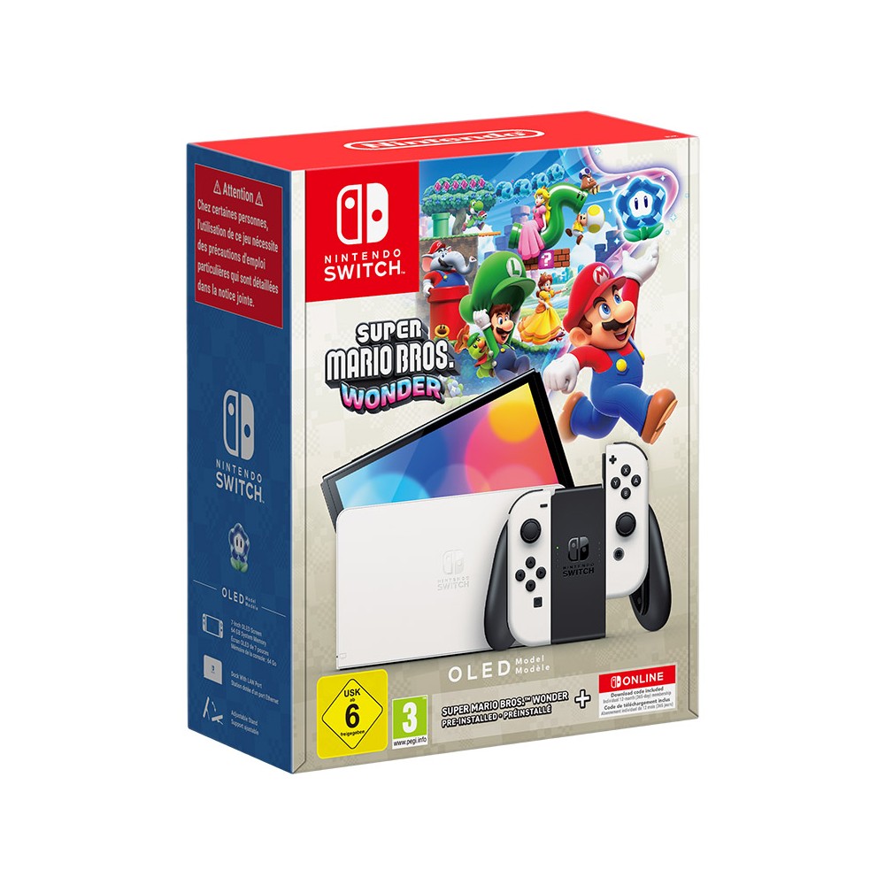 NINTENDO SWITCH OLED BLANCA ESPAÑOLA + SUPER MARIO BROS.WONDER PREINSTALADO + SUSCRIPCIÓN 12 MESES NSO GARANTÍA EUROPEA