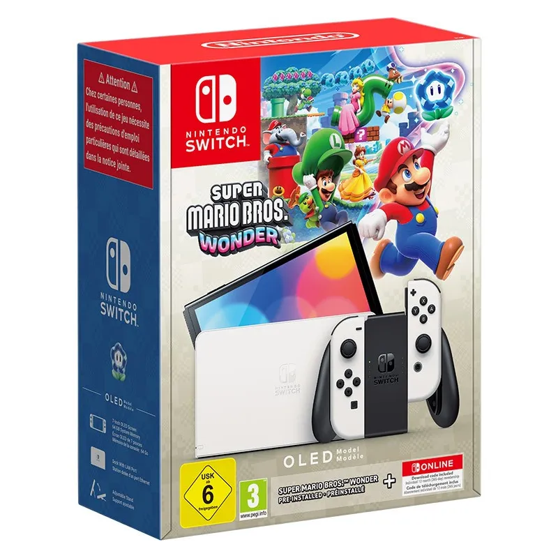 NINTENDO SWITCH OLED + SUPER MARIO BROS WONDER INSTALLÉ + ABO NSO 12 MOIS, AVEC OU SANS SUPER MARIO BROS DELUXE PHYSIQUE - The S