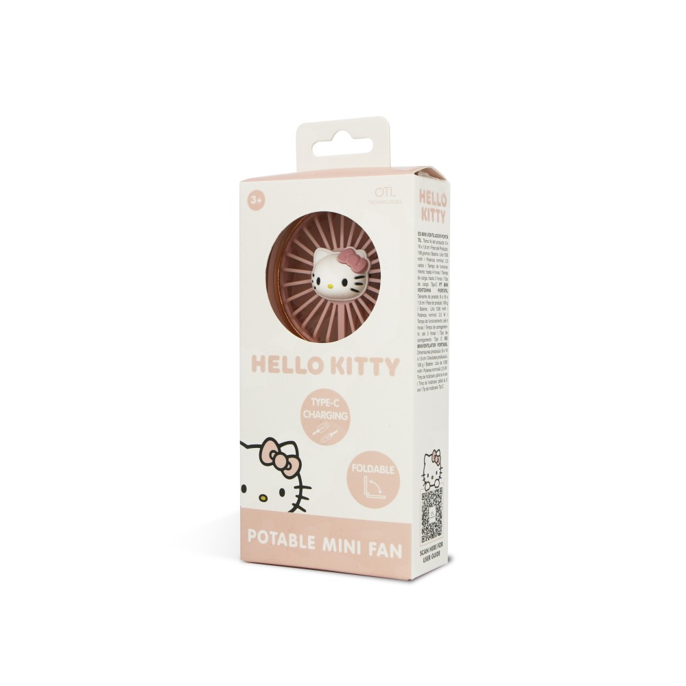 MINI VENTILADOR PORTÁTIL PLEGABLE HELLO KITTY CON BATERÍA RECARGABLE COLOR ROSA Y ORO