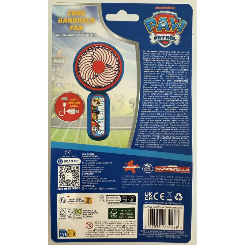 MINI VENTILATORE PORTATILE PAW PATROL CON BATTERIA RICARICABILE, BLU E ROSSO - The Shop Gamer