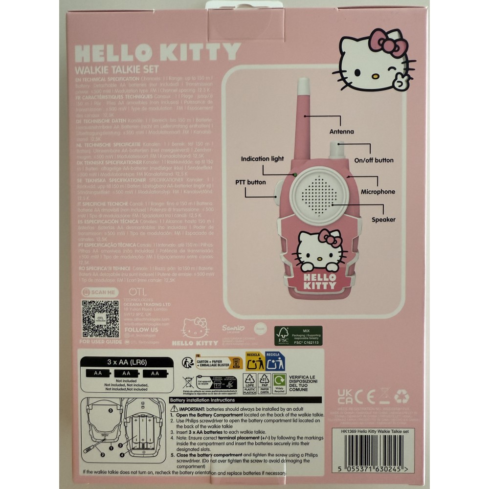 CONJUNTO DE WALKIE TALKIES HELLO KITTY INTERCOMUNICADORES A PILAS (NO INCLUIDAS) COLOR ROSA Y BLANCO