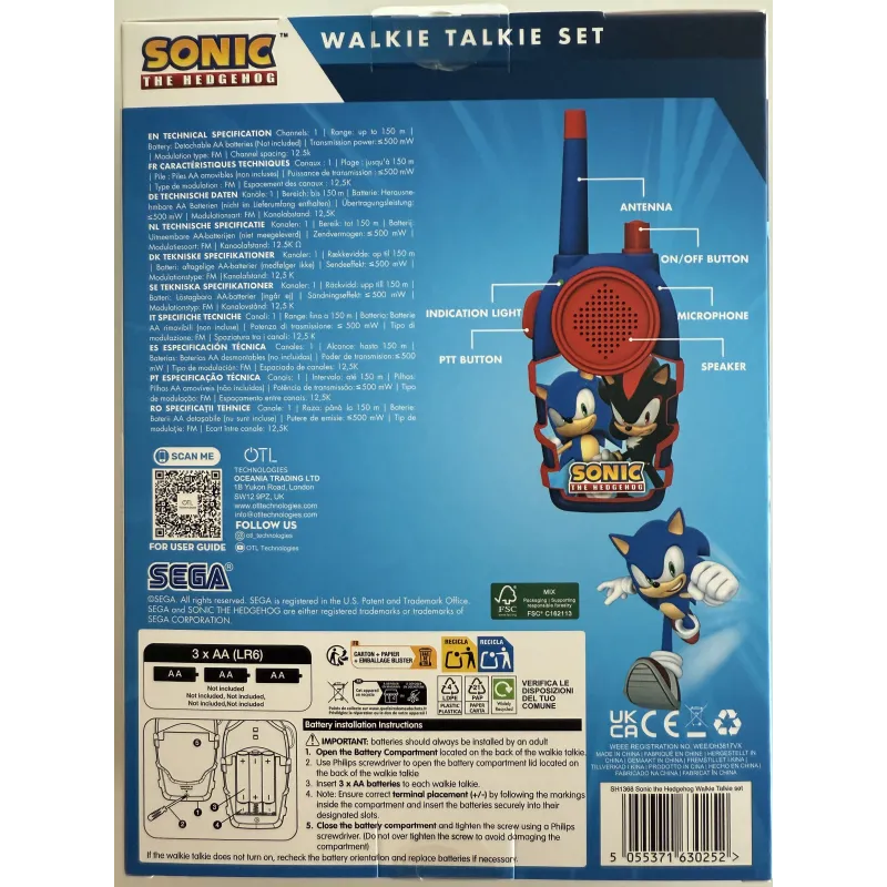 SET WALKIE TALKIES SONIC THE HEDGEHOG, INTERCOMUNICANTI A PILE (NON INCLUSE), BLU E ROSSI - The Shop Gamer