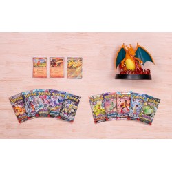 CARTAS POKÉMON PACK CHARIZARD EX 3 CARTAS HOLOGRÁFICAS DE PROMOCIÓN 1 FIGURA PARA EXHIBIR UNA CARTA Y 10 SOBRES DE MEJORA