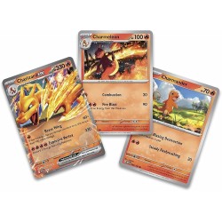 CARTAS POKÉMON PACK CHARIZARD EX 3 CARTAS HOLOGRÁFICAS DE PROMOCIÓN 1 FIGURA PARA EXHIBIR UNA CARTA Y 10 SOBRES DE MEJORA