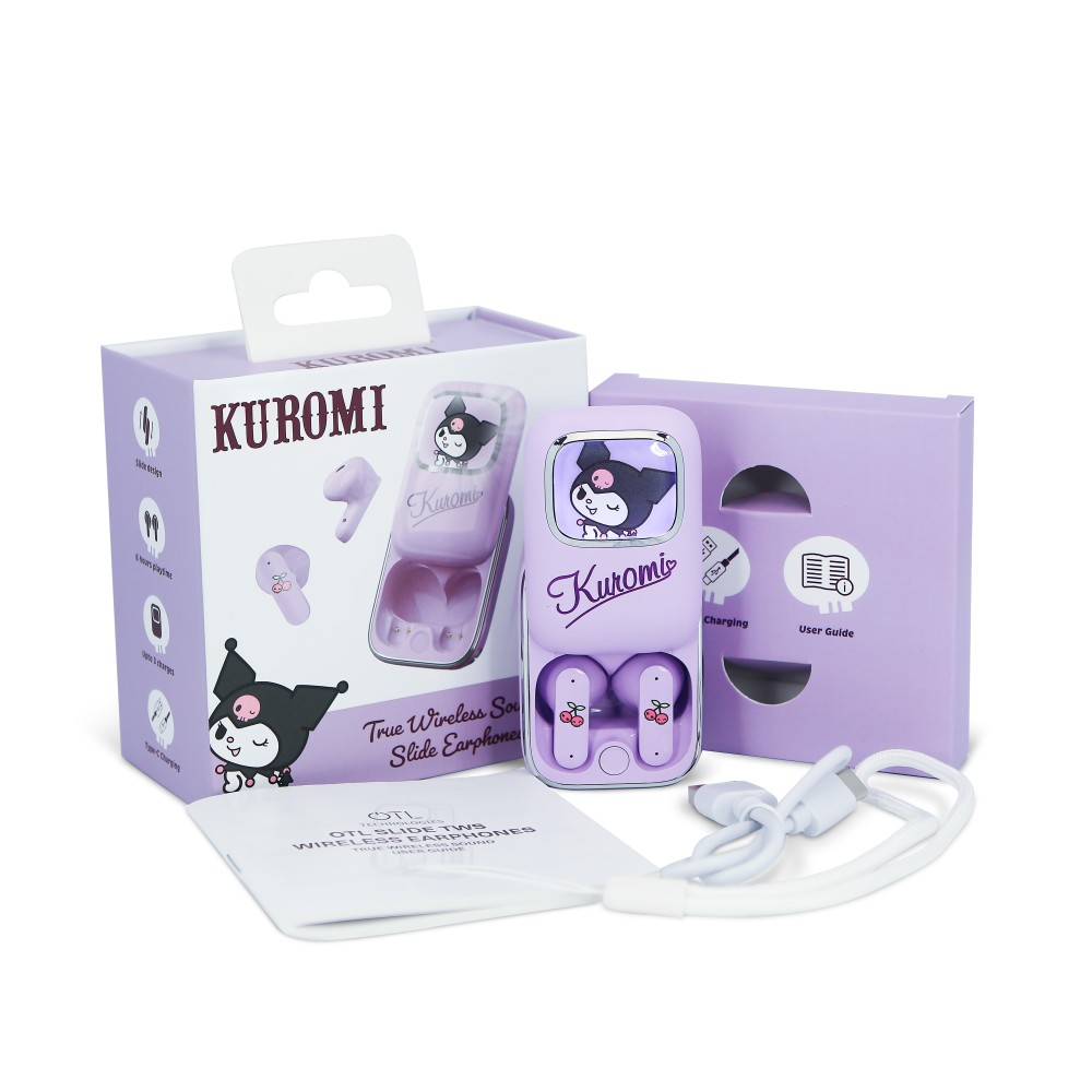 AURICULARES INALÁMBRICOS KUROMI CON ESTUCHE DE CARGA DESLIZANTE Y LUZ LED CON LICENCIA OFICIAL KUROMI