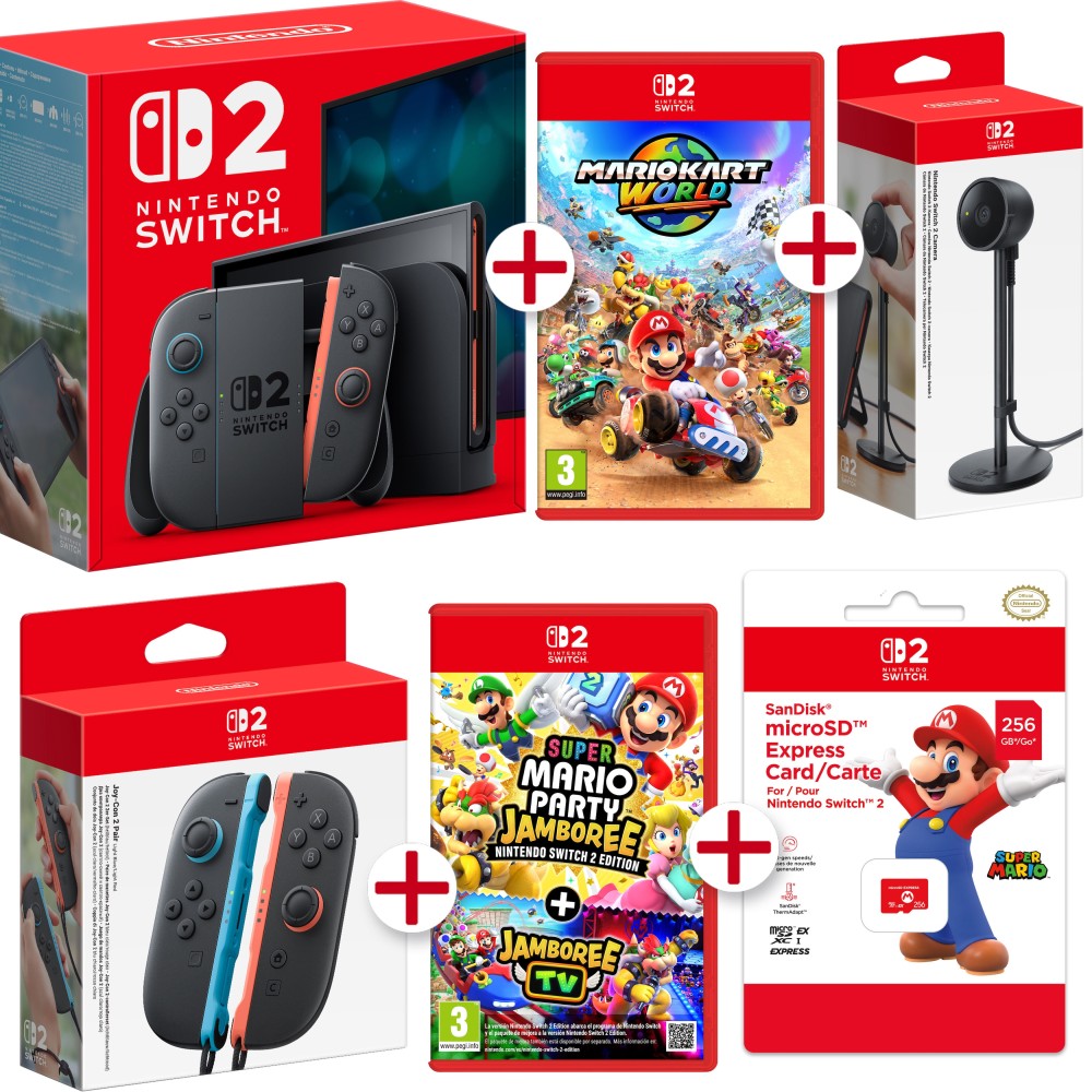 CONSOLA NINTENDO SWITCH 2 + MARIOKART WORLD + SUPER MARIO PARTY JAMBOREE SWITCH2 EDITION+ JOYCON + CAMARA + MicroSD EXPRESS CARD