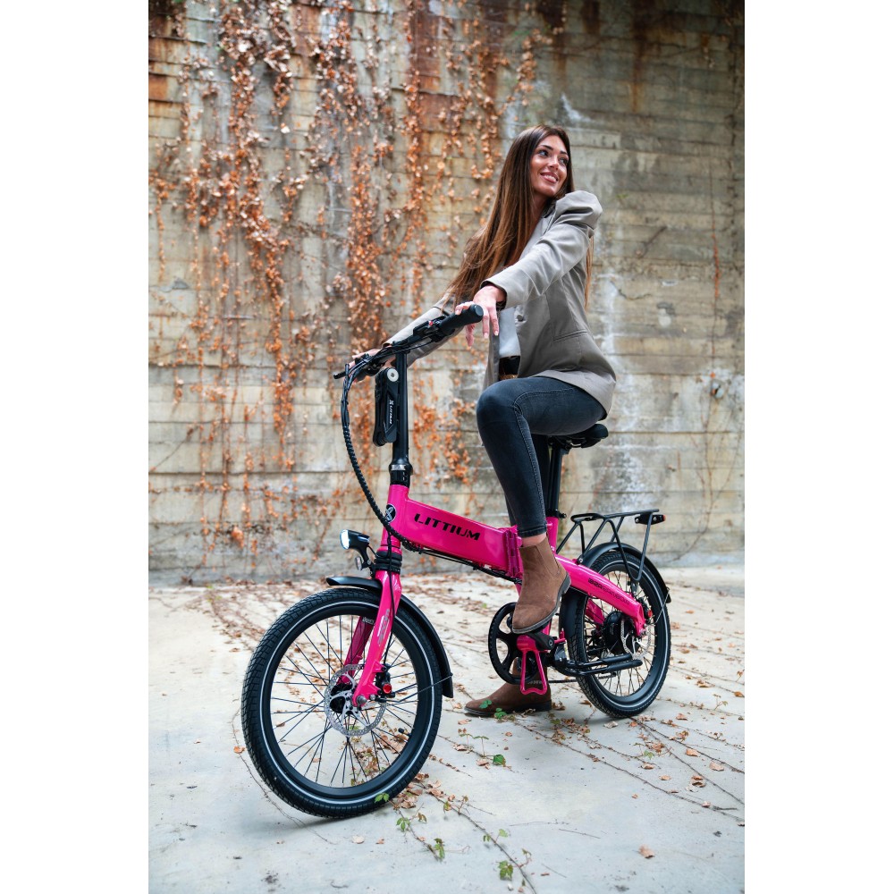 BICICLETA ELÉCTRICA PLEGABLE IBIZA RAINBOW PINK PANTHER LITTIUM COLOR ROSA CON BATERÍA DE 10,4 AH Y ACCESORIOS GARANTÍA EUROPEA