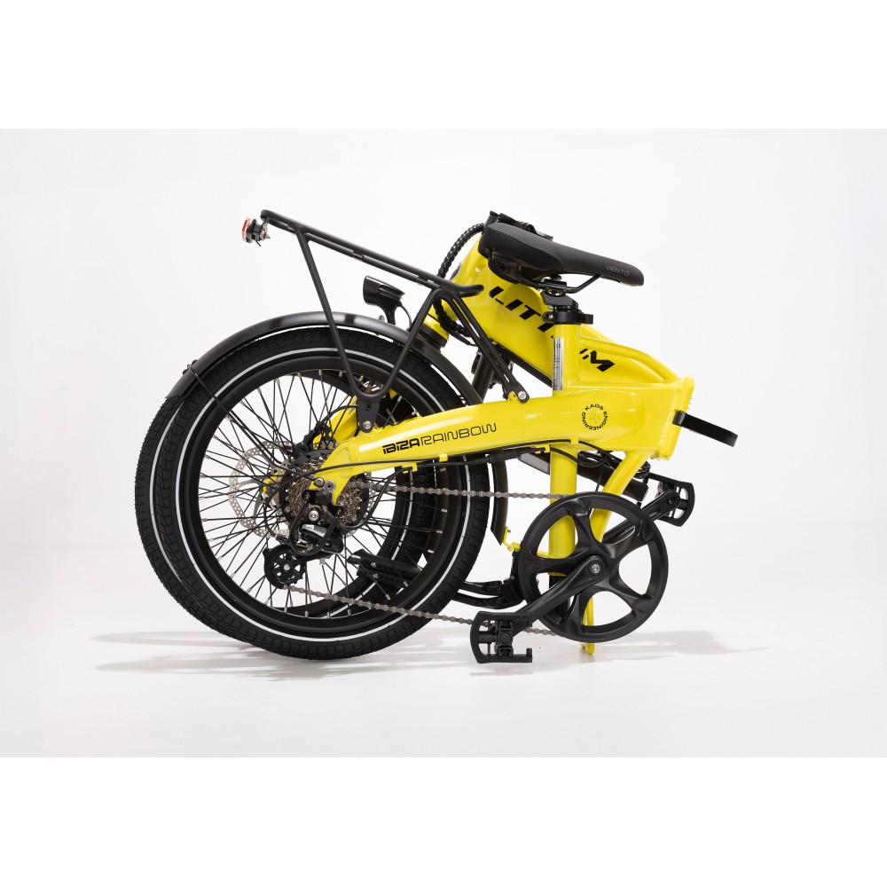 BICICLETA ELÉCTRICA PLEGABLE IBIZA RAINBOW YELLOW STONE LITTIUM COLOR AMARILLO CON BATERÍA DE 10,4 AH Y ACCESORIOS GARANTÍA EU