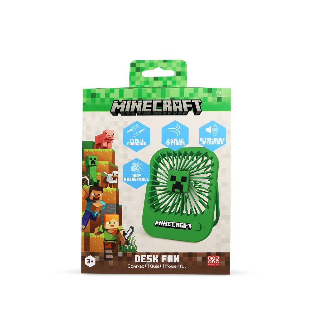 VENTILADOR COMPACTO SILENCIOSO MINECRAFT CON SOPORTE PLEGABLE BATERÍA RECARGABLE USB-C Y TRES VELOCIDADES