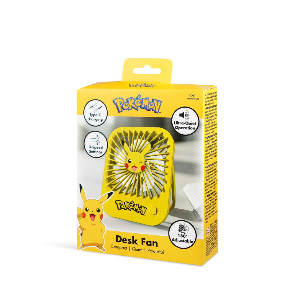 VENTILADOR COMPACTO SILENCIOSO POKÉMON PIKACHU CON SOPORTE PLEGABLE BATERÍA RECARGABLE USB-C Y TRES VELOCIDADES