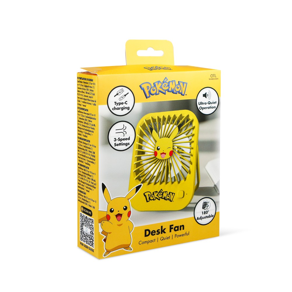 VENTILADOR COMPACTO SILENCIOSO POKÉMON PIKACHU CON SOPORTE PLEGABLE BATERÍA RECARGABLE USB-C Y TRES VELOCIDADES