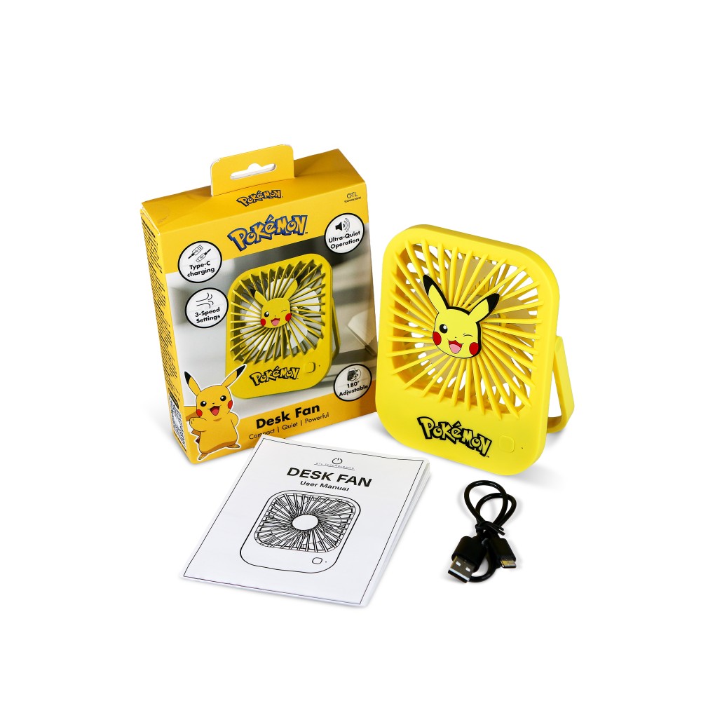 VENTILADOR COMPACTO SILENCIOSO POKÉMON PIKACHU CON SOPORTE PLEGABLE BATERÍA RECARGABLE USB-C Y TRES VELOCIDADES