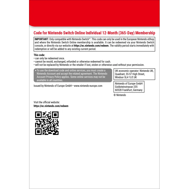 Nintendo Switch Online (Suscripción individual - 12 meses)