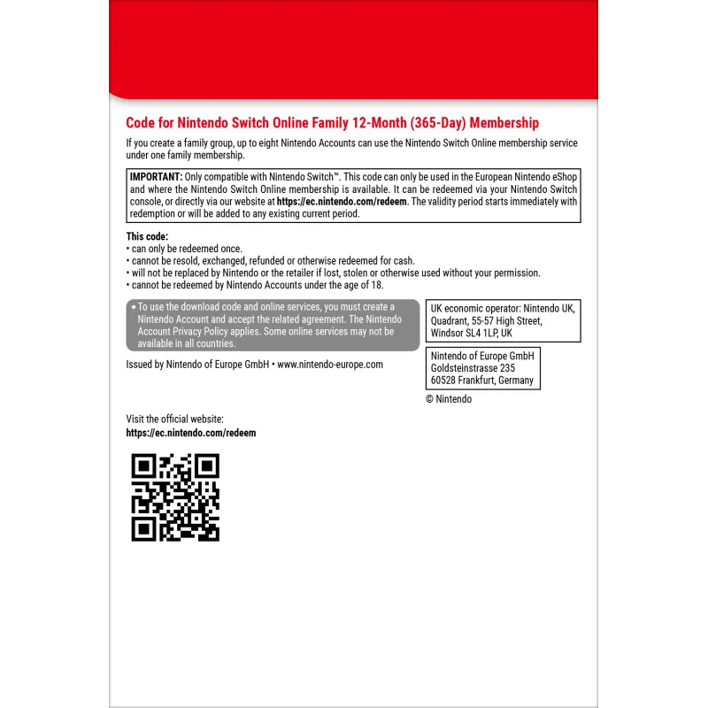 Nintendo Switch Online (Suscripción familiar - 12 meses)