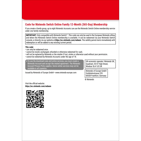 Nintendo Switch Online (Suscripción familiar - 12 meses)