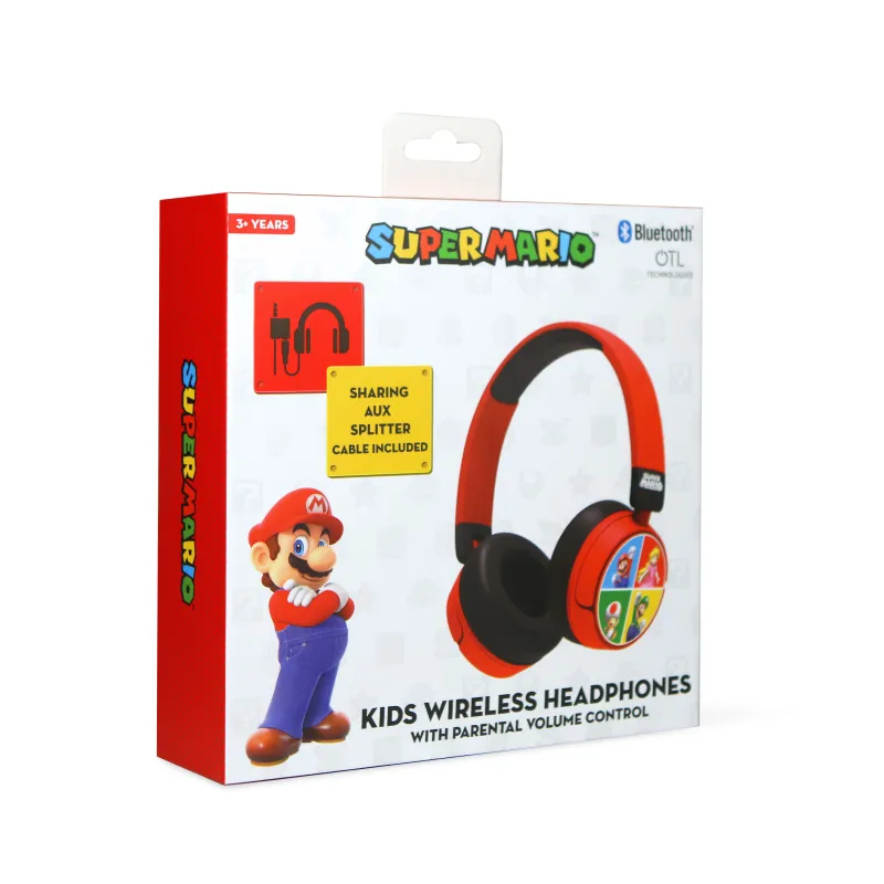 AURICULARES INFANTILES INALÁMBRICOS SUPER MARIO Y AMIGOS PLEGABLES Y CON CONTROL PARENTAL DE VOLUMEN