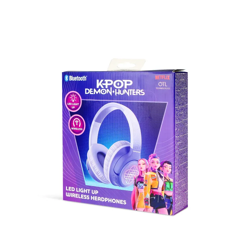 AURICULARES INALÁMBRICOS K-POP DEMON HUNTERS HUNTRIX LOGO CON ILUMINACIÓN LED PLEGABLES Y CON CONTROL PARENTAL DE VOLUMEN