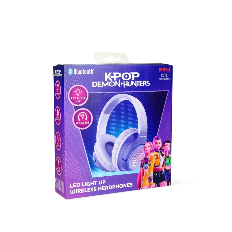 AURICULARES INALÁMBRICOS K-POP DEMON HUNTERS HUNTRIX LOGO CON ILUMINACIÓN LED PLEGABLES Y CON CONTROL PARENTAL DE VOLUMEN