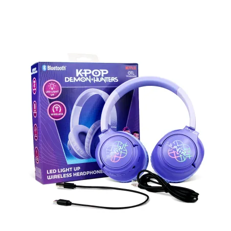 AURICULARES INALÁMBRICOS K-POP DEMON HUNTERS HUNTRIX LOGO CON ILUMINACIÓN LED PLEGABLES Y CON CONTROL PARENTAL DE VOLUMEN