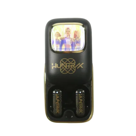 AURICULARES INALÁMBRICOS K-POP DEMON HUNTERS HUNTRIX LOGO GOLDEN CON ESTUCHE DESLIZANTE ILUMINADO COLOR NEGRO