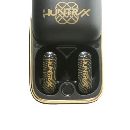AURICULARES INALÁMBRICOS K-POP DEMON HUNTERS HUNTRIX LOGO GOLDEN CON ESTUCHE DESLIZANTE ILUMINADO COLOR NEGRO