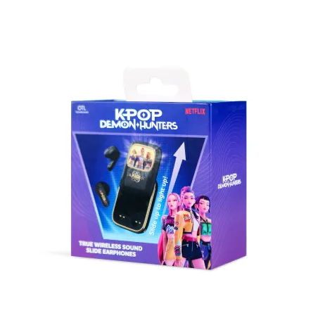 AURICULARES INALÁMBRICOS K-POP DEMON HUNTERS HUNTRIX LOGO GOLDEN CON ESTUCHE DESLIZANTE ILUMINADO COLOR NEGRO