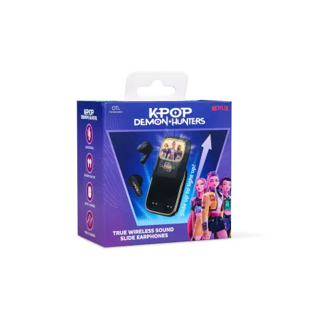 AURICULARES INALÁMBRICOS K-POP DEMON HUNTERS HUNTRIX LOGO GOLDEN CON ESTUCHE DESLIZANTE ILUMINADO COLOR NEGRO