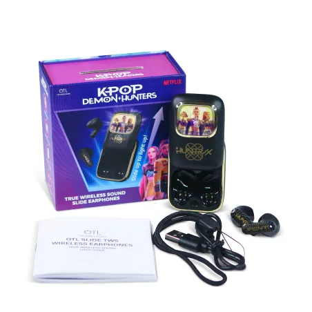 AURICULARES INALÁMBRICOS K-POP DEMON HUNTERS HUNTRIX LOGO GOLDEN CON ESTUCHE DESLIZANTE ILUMINADO COLOR NEGRO