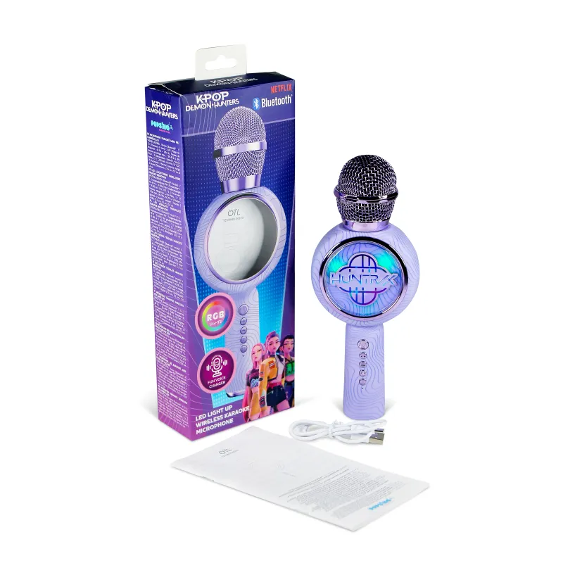 MICRÓFONO KARAOKE CON ALTAVOZ BLUETOOTH KPOP DEMON HUNTERS HUNTRIX LOGO CON LUCES LED COLOR VIOLETA