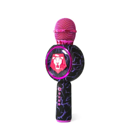 MICRÓFONO KARAOKE CON ALTAVOZ BLUETOOTH KPOP DEMON HUNTERS SAJA BOYS CON LUCES LED COLOR NEGRO Y VIOLETA