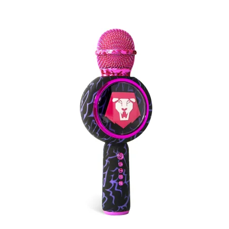 MICRÓFONO KARAOKE CON ALTAVOZ BLUETOOTH KPOP DEMON HUNTERS SAJA BOYS CON LUCES LED COLOR NEGRO Y VIOLETA