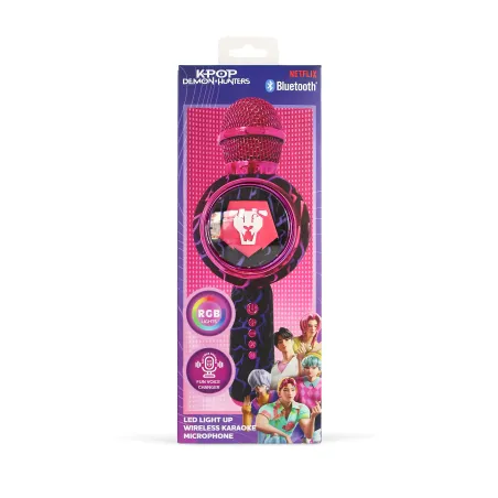 MICRÓFONO KARAOKE CON ALTAVOZ BLUETOOTH KPOP DEMON HUNTERS SAJA BOYS CON LUCES LED COLOR NEGRO Y VIOLETA