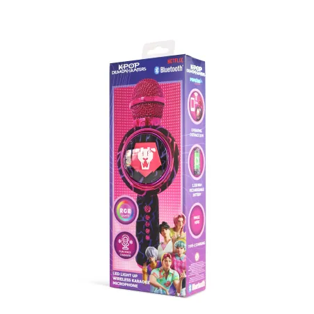 MICRÓFONO KARAOKE CON ALTAVOZ BLUETOOTH KPOP DEMON HUNTERS SAJA BOYS CON LUCES LED COLOR NEGRO Y VIOLETA