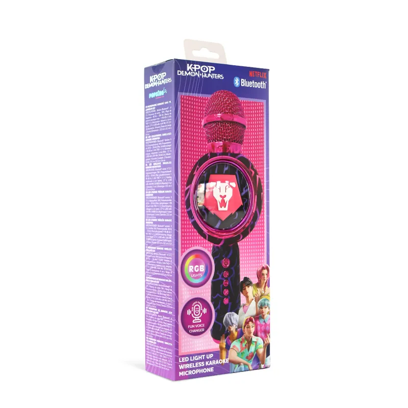 MICRÓFONO KARAOKE CON ALTAVOZ BLUETOOTH KPOP DEMON HUNTERS SAJA BOYS CON LUCES LED COLOR NEGRO Y VIOLETA