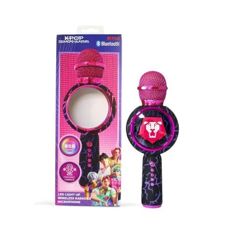 MICRÓFONO KARAOKE CON ALTAVOZ BLUETOOTH KPOP DEMON HUNTERS SAJA BOYS CON LUCES LED COLOR NEGRO Y VIOLETA