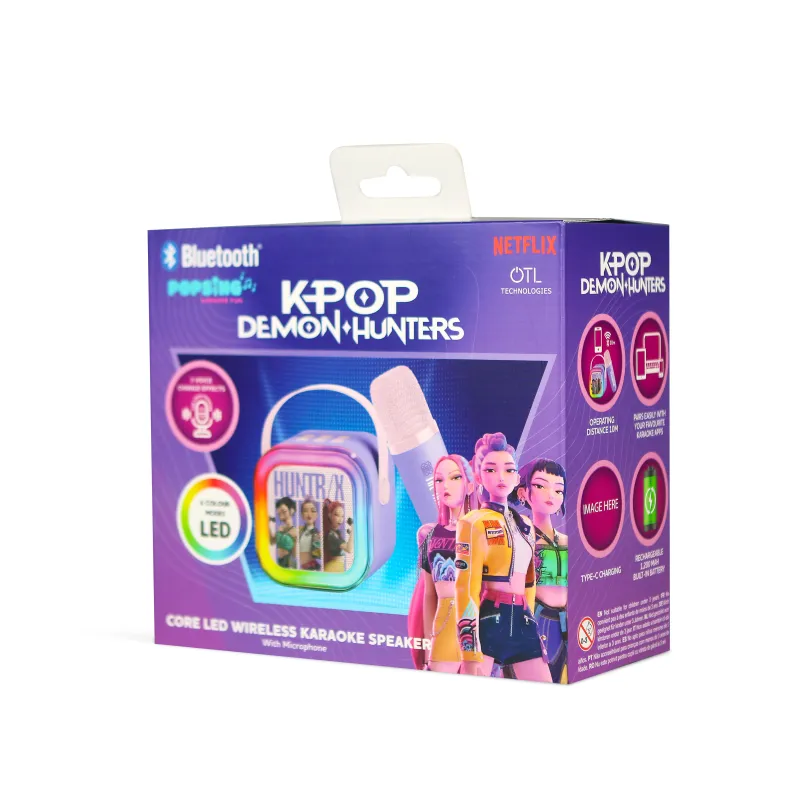 KARAOKE INALÁMBRICO KPOP DEMON HUNTERS HUNTRIX LILA CON ALTAVOZ LED Y 1 MICRÓFONO BLUETOOTH 5.3 6 MODOS DE LUZ Y CAMBIADOR VOZ