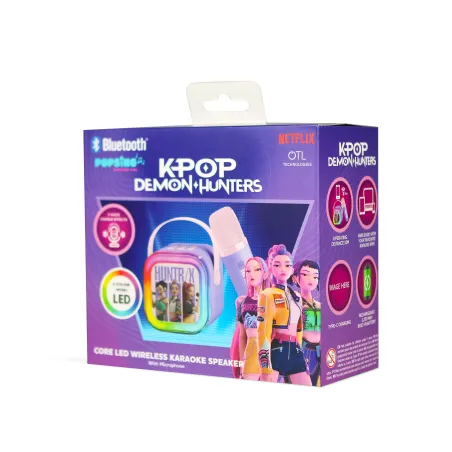 KARAOKE INALÁMBRICO KPOP DEMON HUNTERS HUNTRIX LILA CON ALTAVOZ LED Y 1 MICRÓFONO BLUETOOTH 5.3 6 MODOS DE LUZ Y CAMBIADOR VOZ