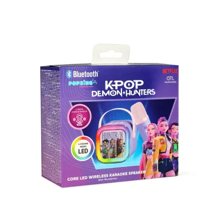 KARAOKE INALÁMBRICO KPOP DEMON HUNTERS HUNTRIX LILA CON ALTAVOZ LED Y 1 MICRÓFONO BLUETOOTH 5.3 6 MODOS DE LUZ Y CAMBIADOR VOZ